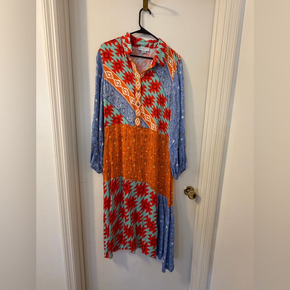 Never Fully Dressed Red and Blue Patchwork Western Indie Boho Maxi Dress Sz 14 - Picture 2 of 7